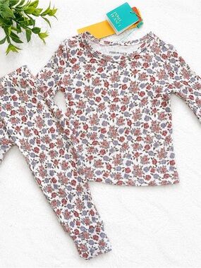 NWT Posh Peanut Joanne Ribbed Pajama Set Orange Blue Floral 2T